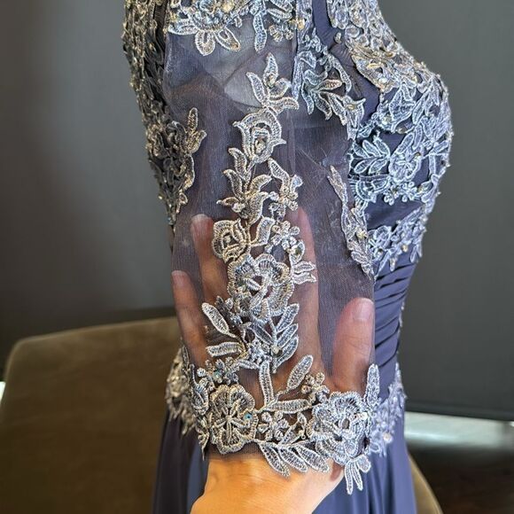 Women’s Short Blue Chiffon Prom Party Dress with Floral Detail Zip Back Size S - Picture 5 of 12